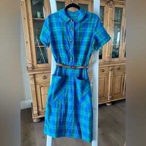 Vintage 60s MOD school girl dress, blue & green plaid, size M